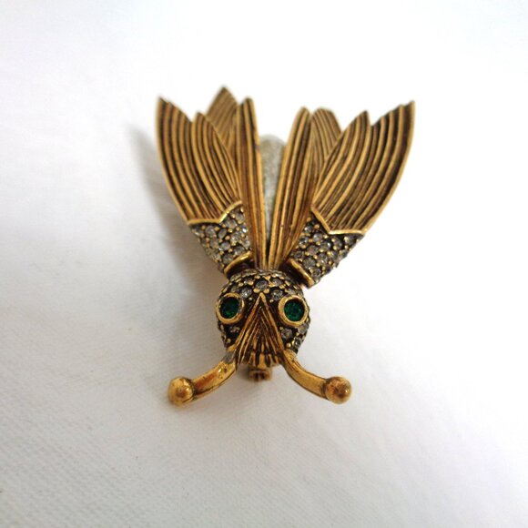 Vintage Pauline Rader signed Trembler Cicada Brooch brass pearl and crystal - Picture 6 of 7